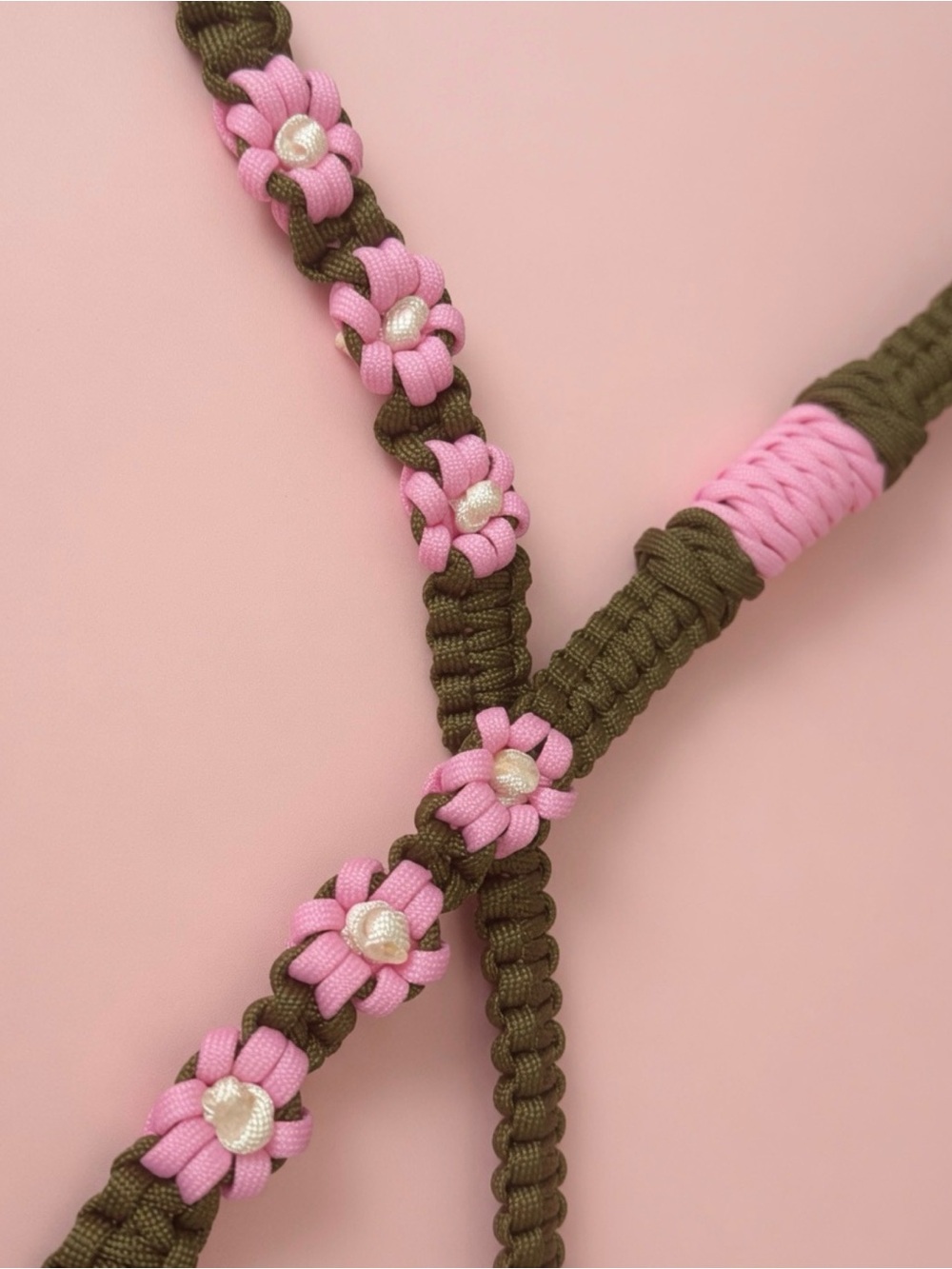 Handcrafted Olive Green and Pink Floral Braided Paracord leash with key chain